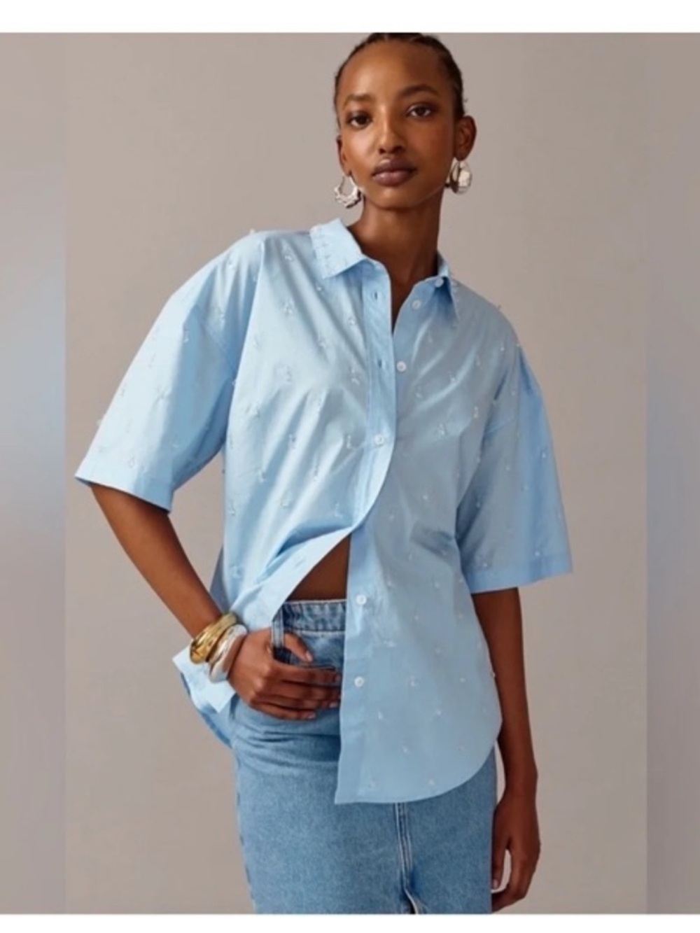 J. Crew Collection Light Blue Short Sleeve Embellished Button-Down Shirt 2